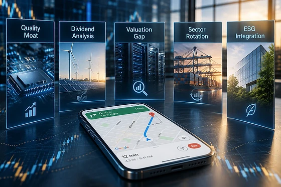Five investing strategy panels labeled Quality Moat, Dividend Analysis, Valuation Gap, Sector Rotation and ESG Integration, beside a smartphone displaying a navigation map.
