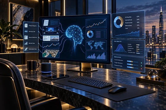 Executive desk at dusk with a large monitor showing an AI investing research hub fed by filings, earnings calls, news sentiment, market data and alternative data.