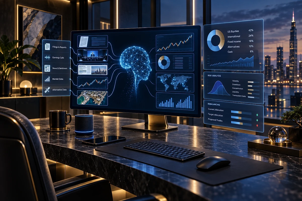 Executive desk at dusk with a large monitor showing an AI investing research hub fed by filings, earnings calls, news sentiment, market data and alternative data.