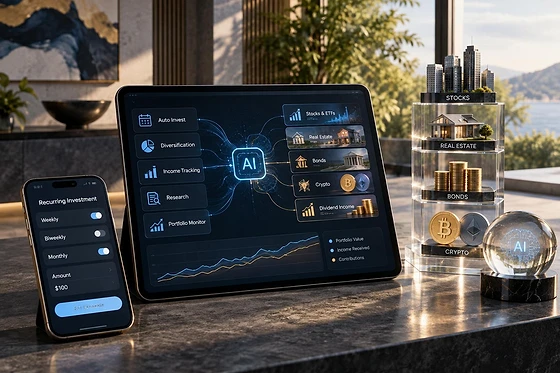 AI portfolio dashboard and recurring-investment phone controls alongside stock, real estate, bond and cryptocurrency displays.