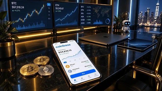 Modern investing workspace with a smartphone showing the Coinbase app on a brass pedestal, charcoal and ice-blue tones
