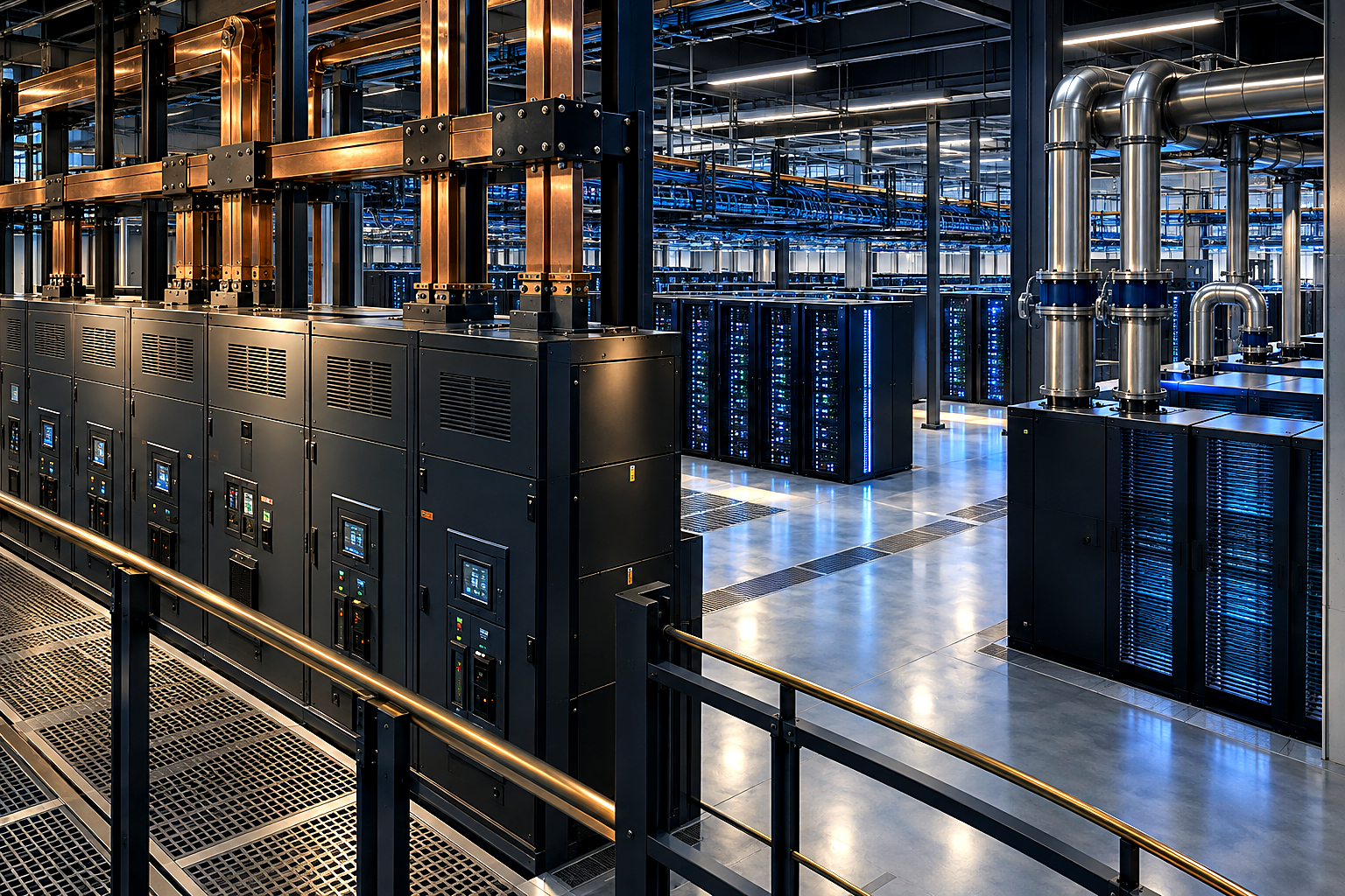 Premium editorial key art set inside a 2030 data center, viewed from a slightly elevated three-quarter angle through a broad 
