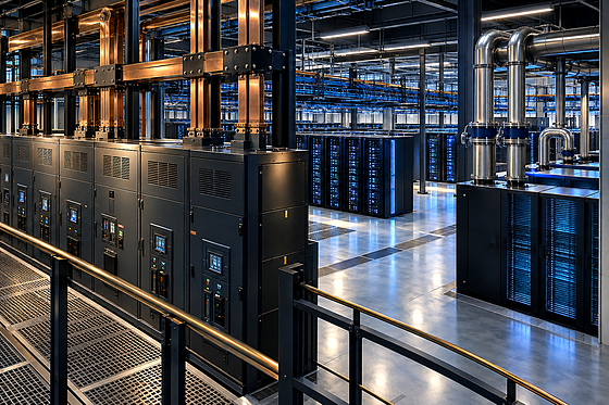 Premium editorial key art set inside a 2030 data center, viewed from a slightly elevated three-quarter angle through a broad 