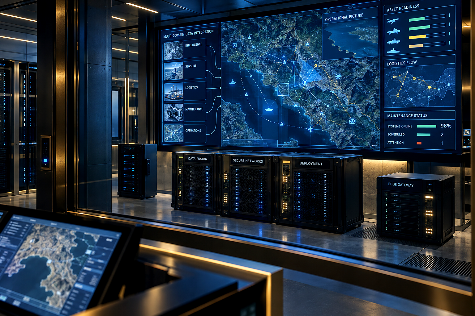 Premium editorial key art set in a 2030 secure defense-software interoperability lab, distinct from a command center or procu