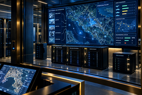 Premium editorial key art set in a 2030 secure defense-software interoperability lab, distinct from a command center or procu