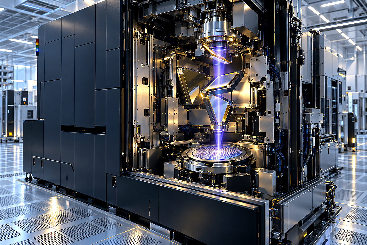 Premium editorial key art set in a 2030 semiconductor-fab cleanroom production bay, centered on a full-scale EUV lithography 