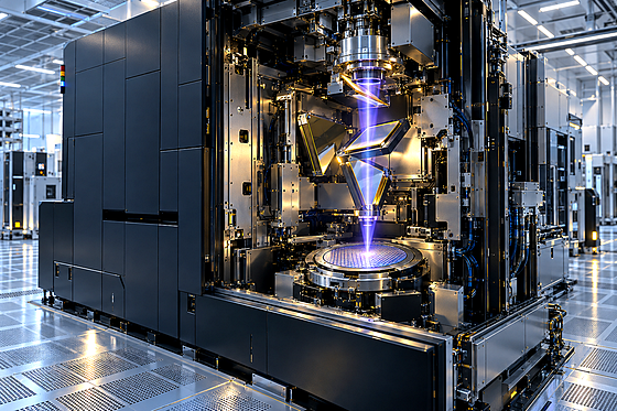 Premium editorial key art set in a 2030 semiconductor-fab cleanroom production bay, centered on a full-scale EUV lithography 