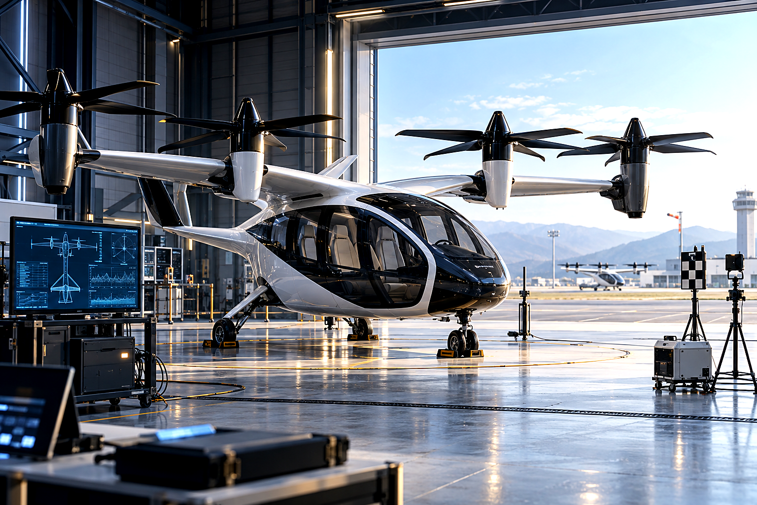 Premium editorial key art set in a 2030 eVTOL aircraft certification hangar, distinct from a fleet operations hub. A full-sca