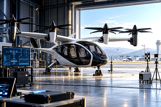 Premium editorial key art set in a 2030 eVTOL aircraft certification hangar, distinct from a fleet operations hub. A full-sca
