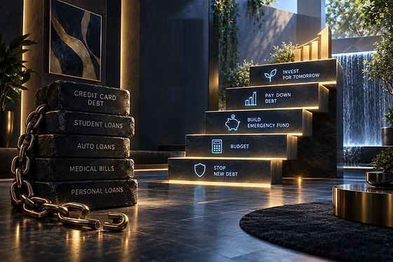 Broken debt chain beside illuminated steps from stopping new debt through budgeting, emergency savings, debt repayment and investing.