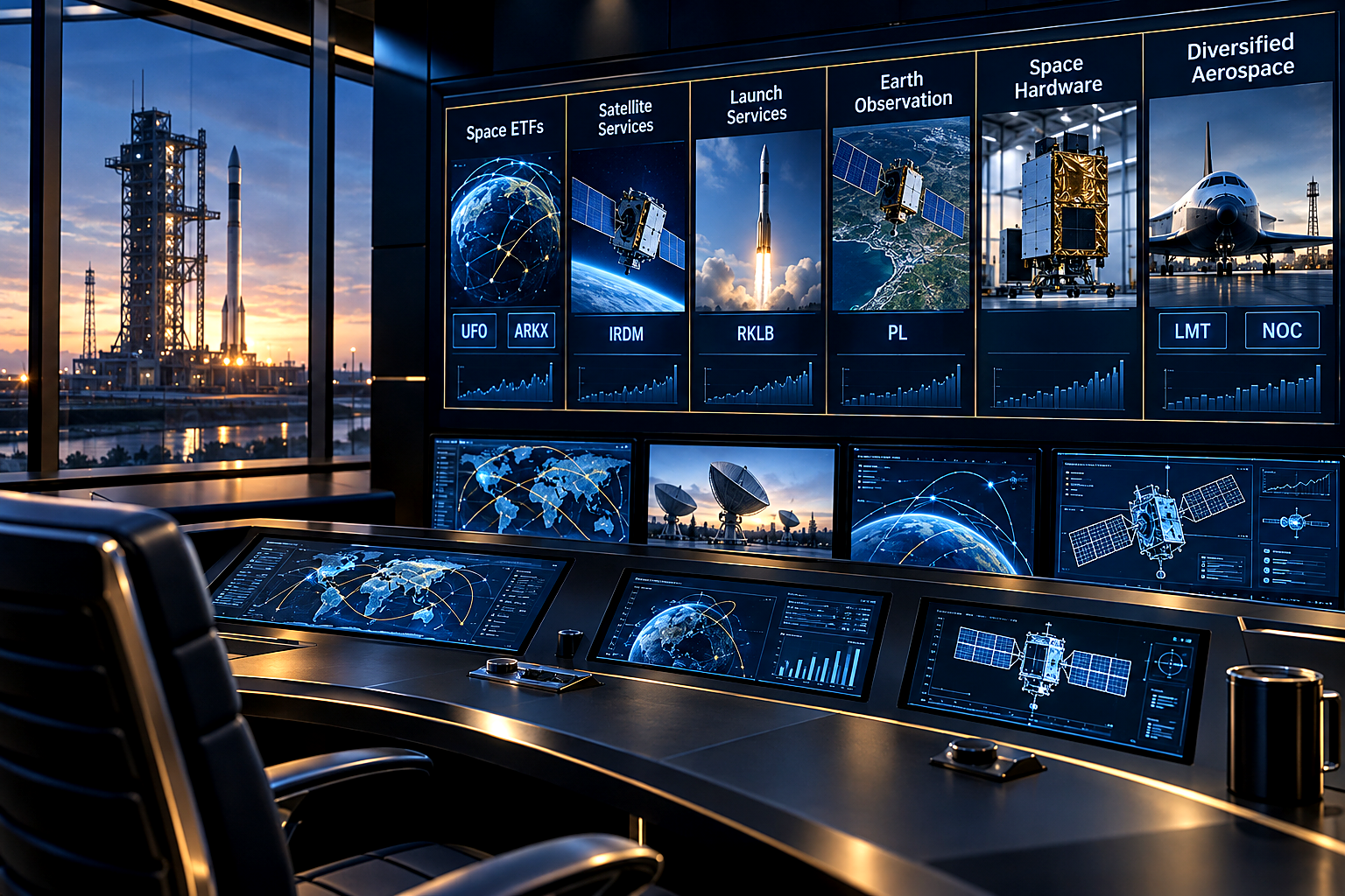 Premium editorial key art set in a purpose-built 2030 space-economy mission control and research room, viewed from a slightly