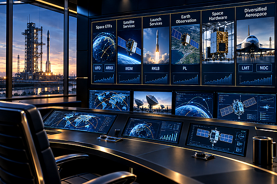 Premium editorial key art set in a purpose-built 2030 space-economy mission control and research room, viewed from a slightly