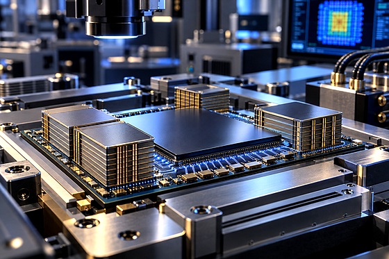 Premium editorial key art set in a 2030 semiconductor characterization lab, distinct from a production cleanroom. From a low,