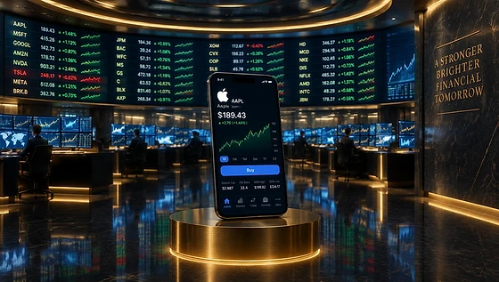 Modern trading floor with a long central stock ticker and a smartphone on a brass pedestal
