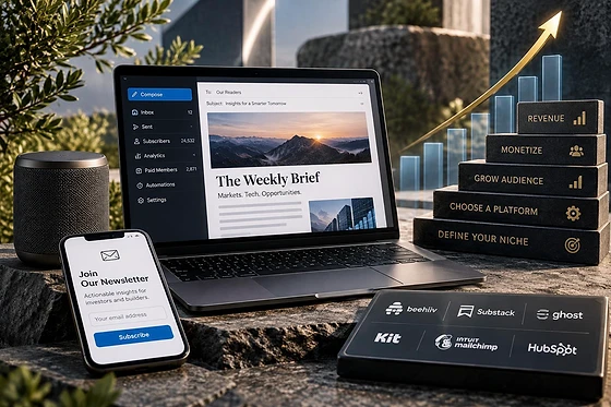 Newsletter publishing dashboard and signup form beside a Bluetooth speaker, platform comparison display, and audience-to-revenue steps.