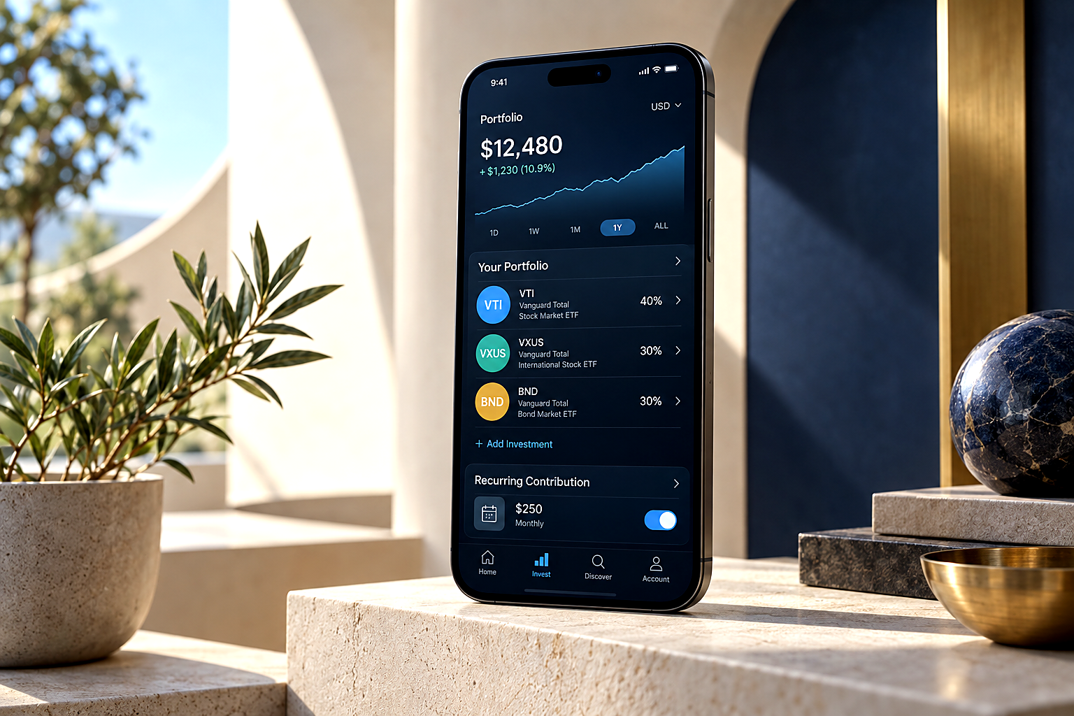 Premium editorial key art in a bright, minimalist contemporary interior: a slim charcoal smartphone stands upright on a pale 
