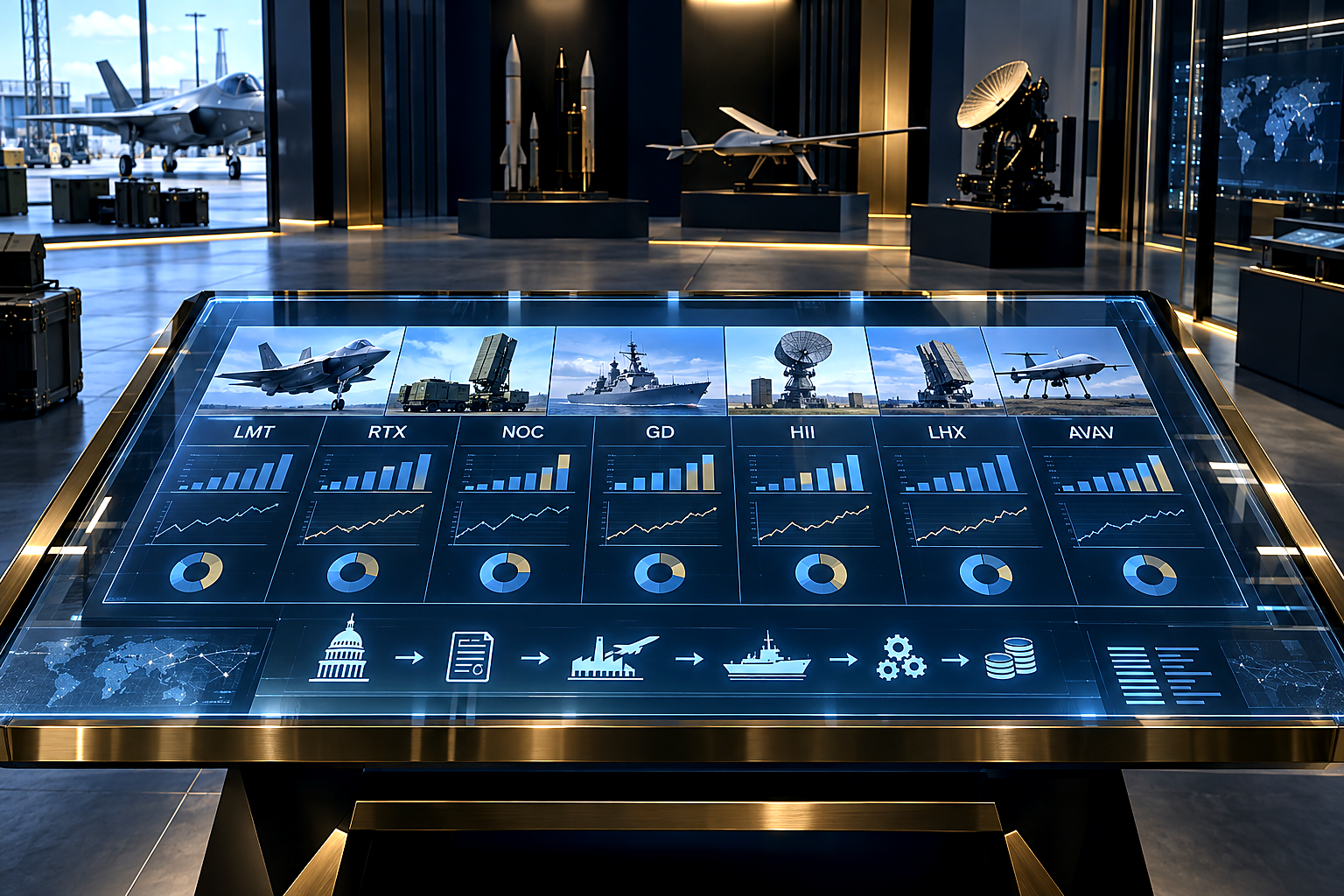 Premium editorial key art set in a 2030 secure defense-procurement analysis facility, distinct from a mission-control room. F