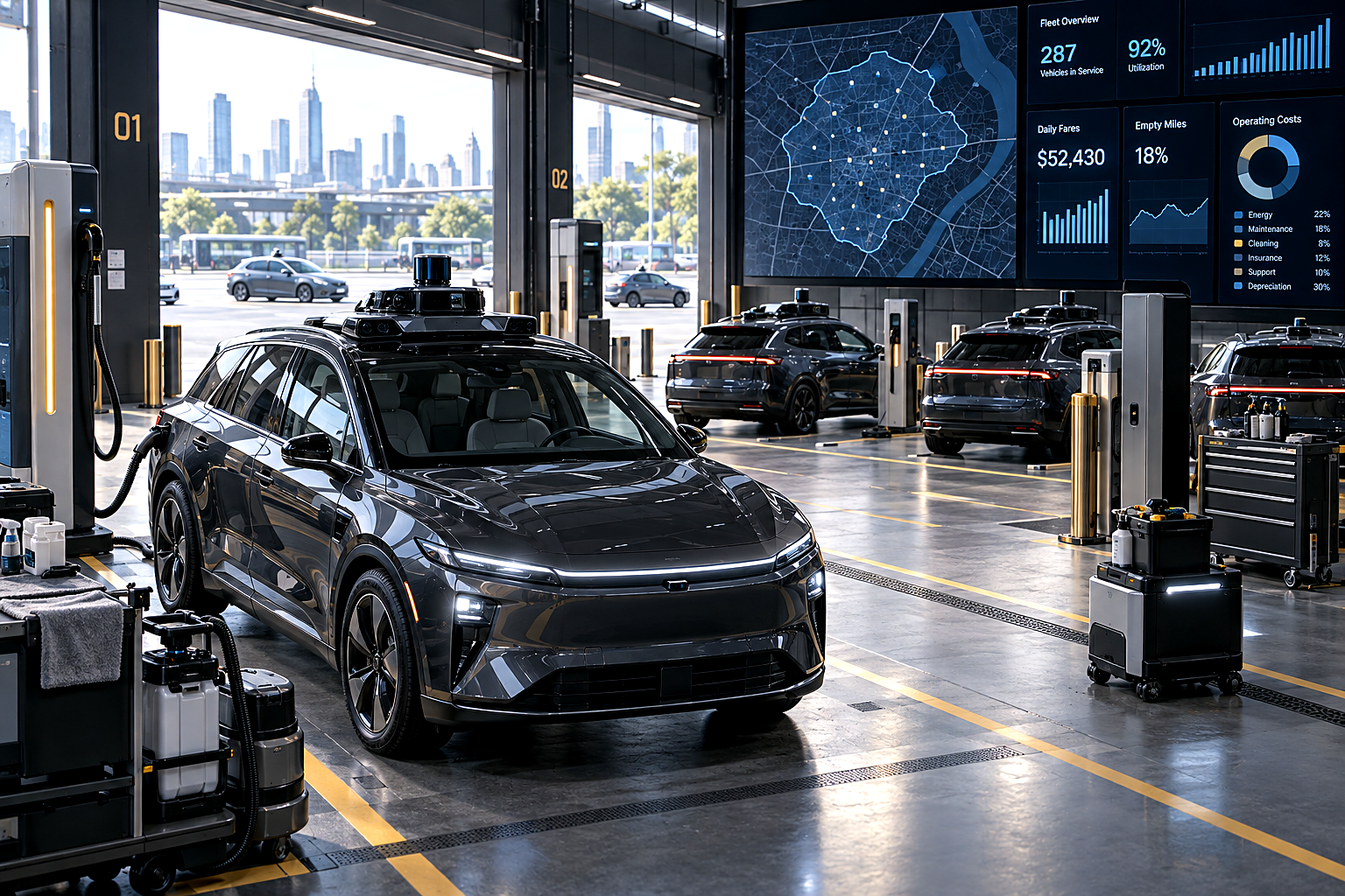Premium editorial key art set in a 2030 autonomous-mobility fleet operations hub on a bright, overcast late morning. From an 