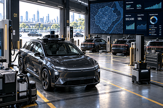 Premium editorial key art set in a 2030 autonomous-mobility fleet operations hub on a bright, overcast late morning. From an 