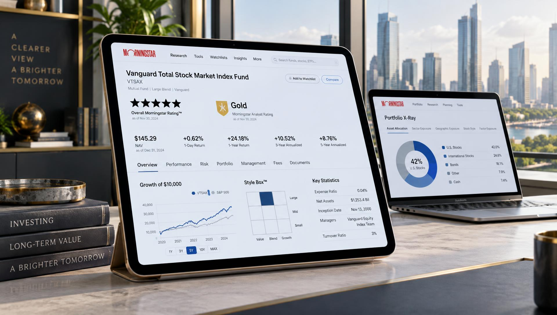 Bright modern study with a tablet showing a Morningstar fund rating page and a laptop with Portfolio X-Ray analysis