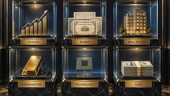 Six glass display cases labeled Stocks, Bonds, Real Estate, Commodities, Technology and Cash