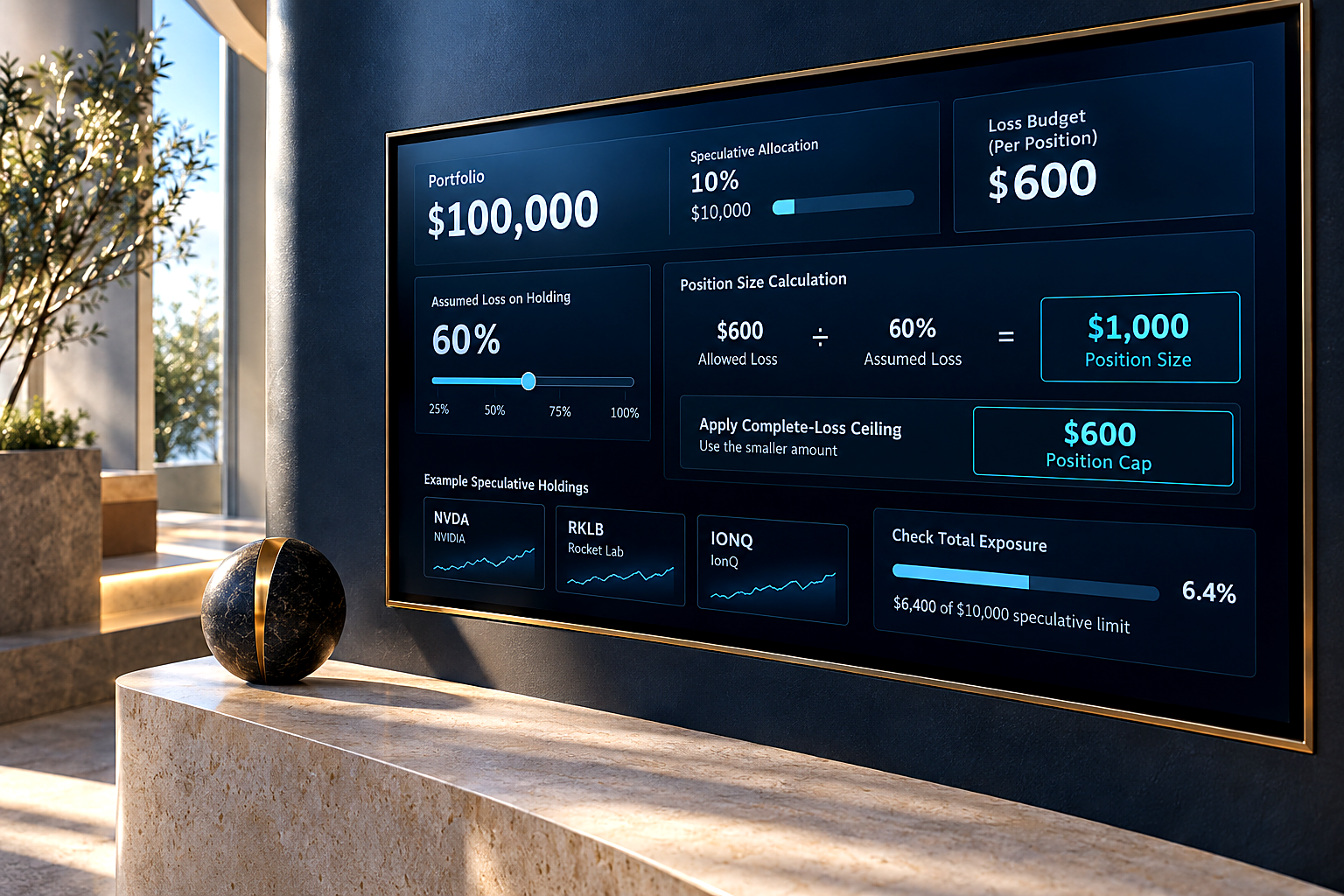 Premium editorial key art set in a calm 2030 investor-planning alcove, where a wide, landscape-format interactive display is 