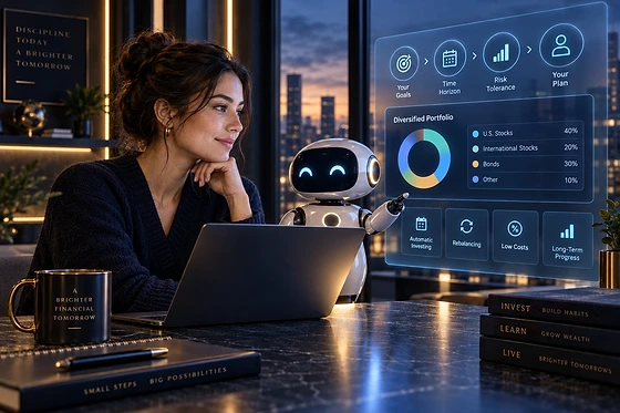 Robo-advisor cover: a friendly robot assistant discussing an automated portfolio with an investor in a modern lounge