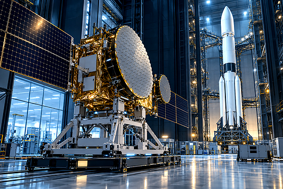 Premium editorial key art in a 2030 spacecraft integration hall, viewed from a low, wide three-quarter angle. In the foregrou