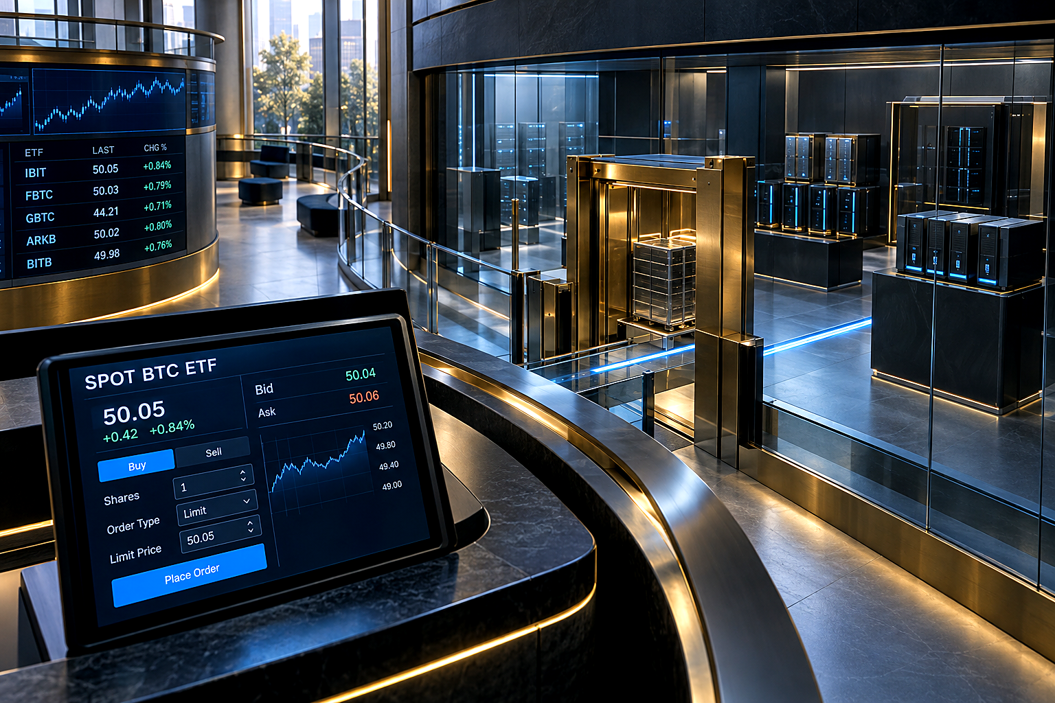 Premium editorial key art in a purpose-built 2030 digital-asset exchange settlement hall, not a trading desk or conventional 