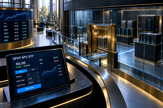 Premium editorial key art in a purpose-built 2030 digital-asset exchange settlement hall, not a trading desk or conventional 