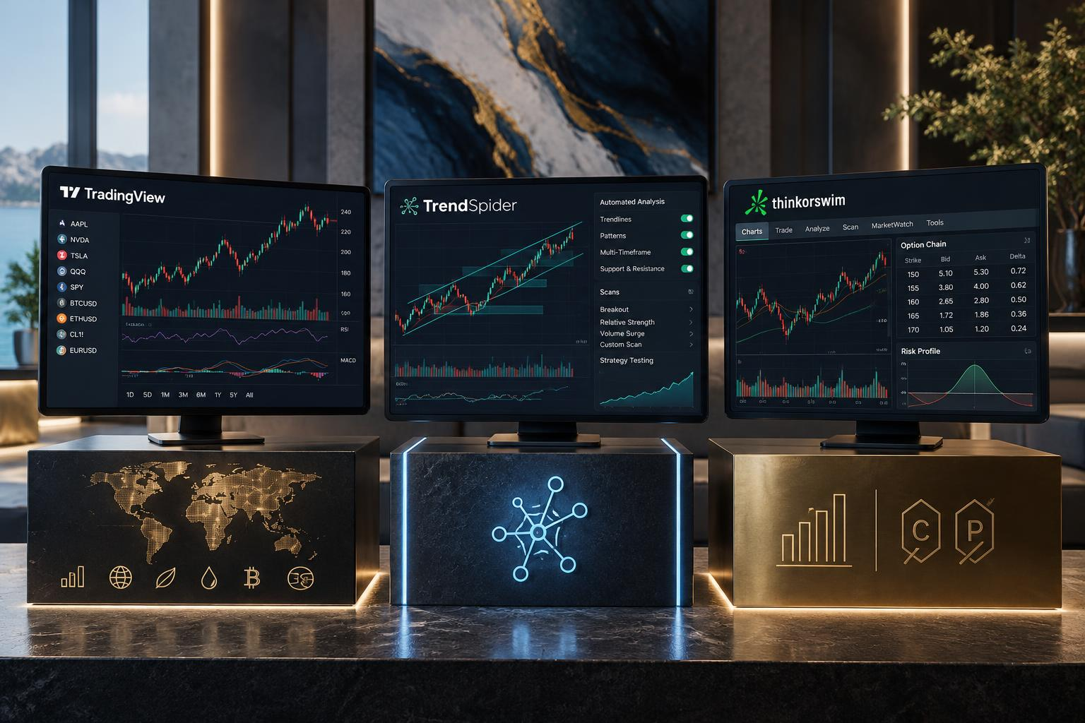 TradingView, TrendSpider and thinkorswim chart displays comparing multi-market research, automated technical analysis and options tools.
