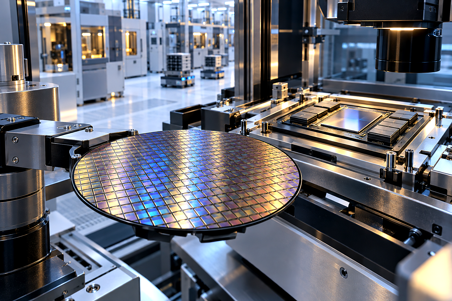Premium editorial key art set in a 2030 semiconductor advanced-packaging cleanroom, viewed close and slightly above the trans