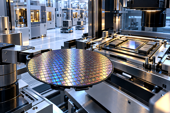 Premium editorial key art set in a 2030 semiconductor advanced-packaging cleanroom, viewed close and slightly above the trans