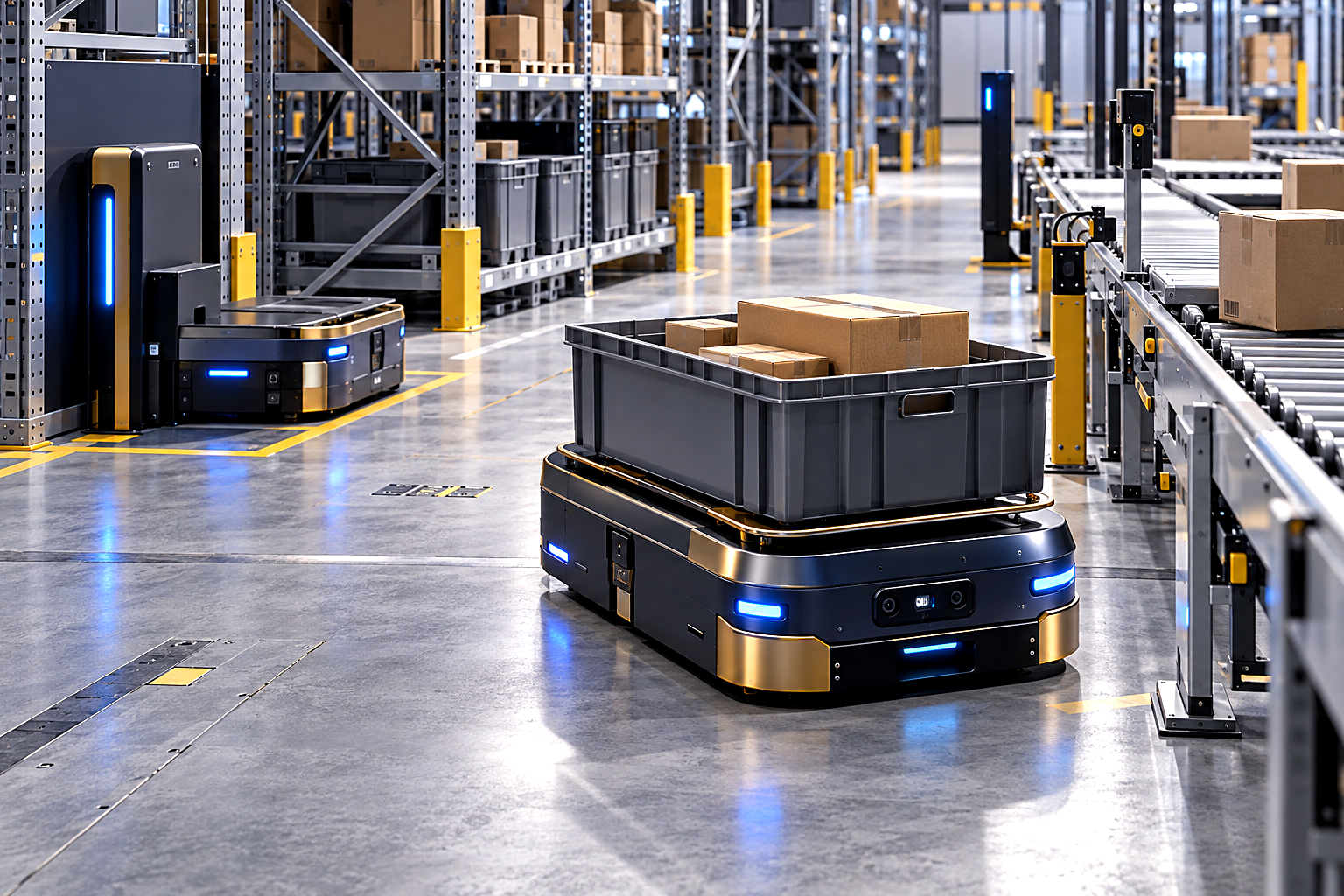 Premium editorial key art set in a contemporary 2030 automated warehouse, viewed from a slightly elevated three-quarter angle