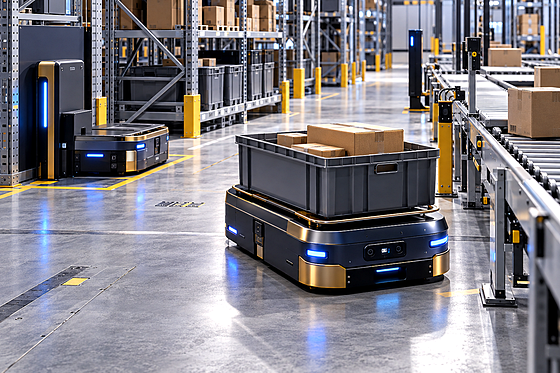 Premium editorial key art set in a contemporary 2030 automated warehouse, viewed from a slightly elevated three-quarter angle