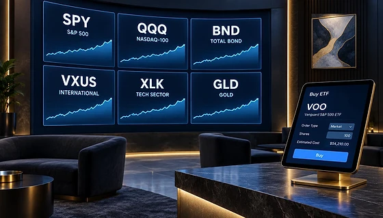 Modern brokerage lounge with a video wall of ETF tickers SPY, QQQ, BND, VXUS, XLK and GLD and a tablet showing a Buy ETF order